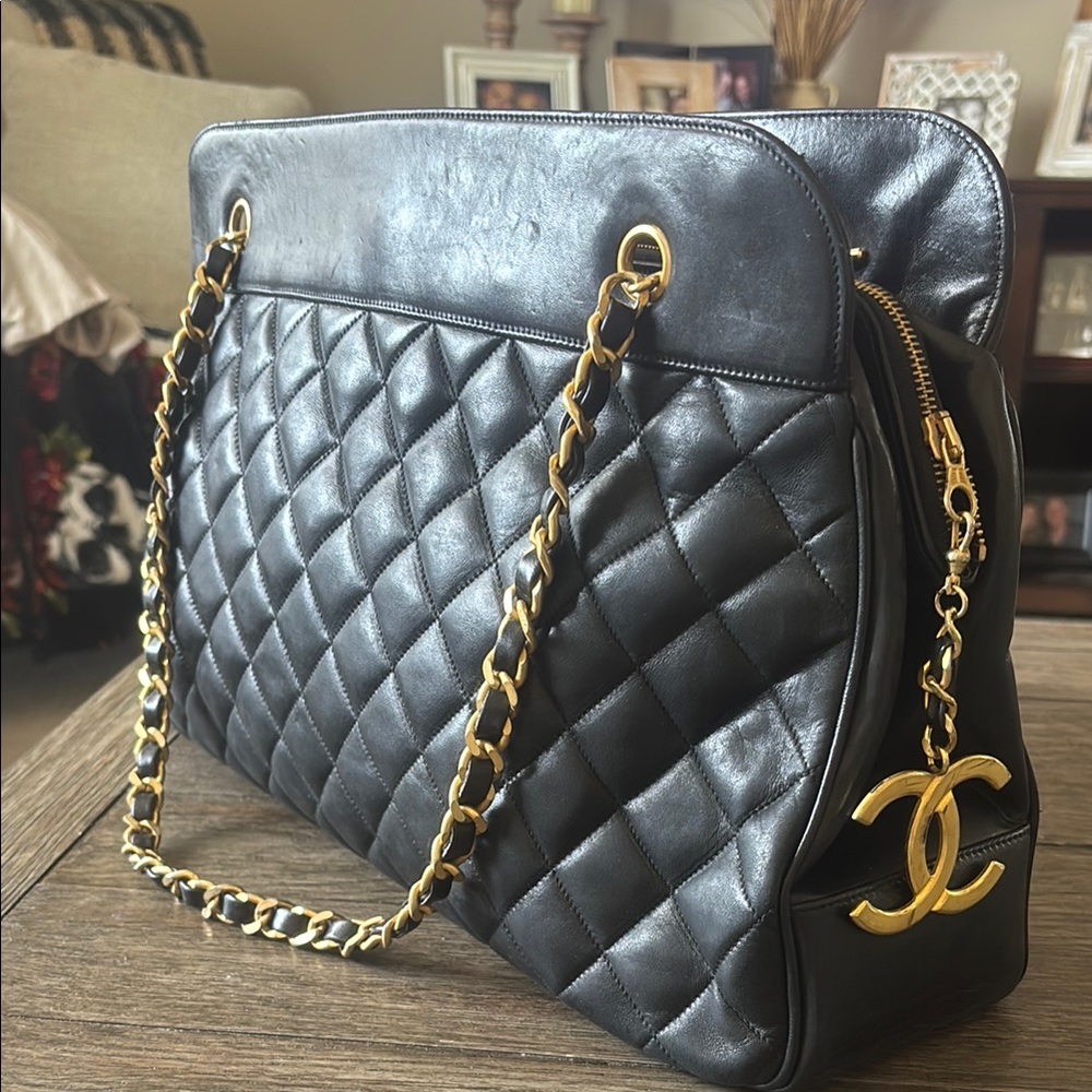 Vintage CHANEL Black Quilted Tote with Gold Chain zipper pull